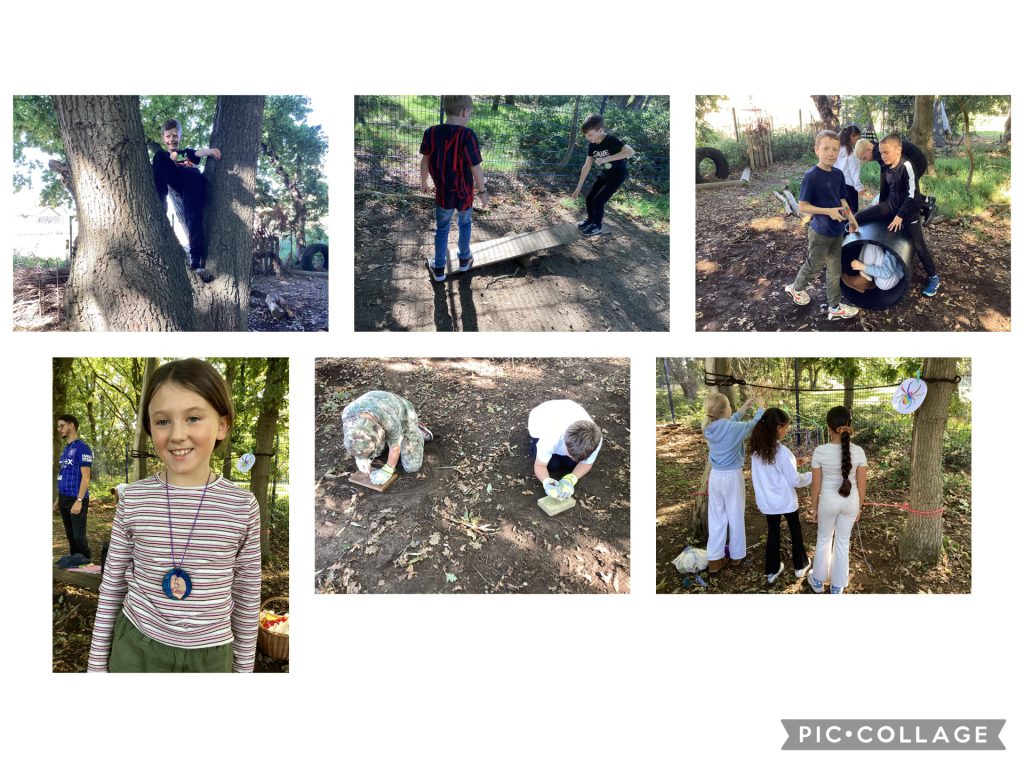 RB - enjoyed tool use - making wood cookie necklaces and imaginative play with woodland walking sticks.