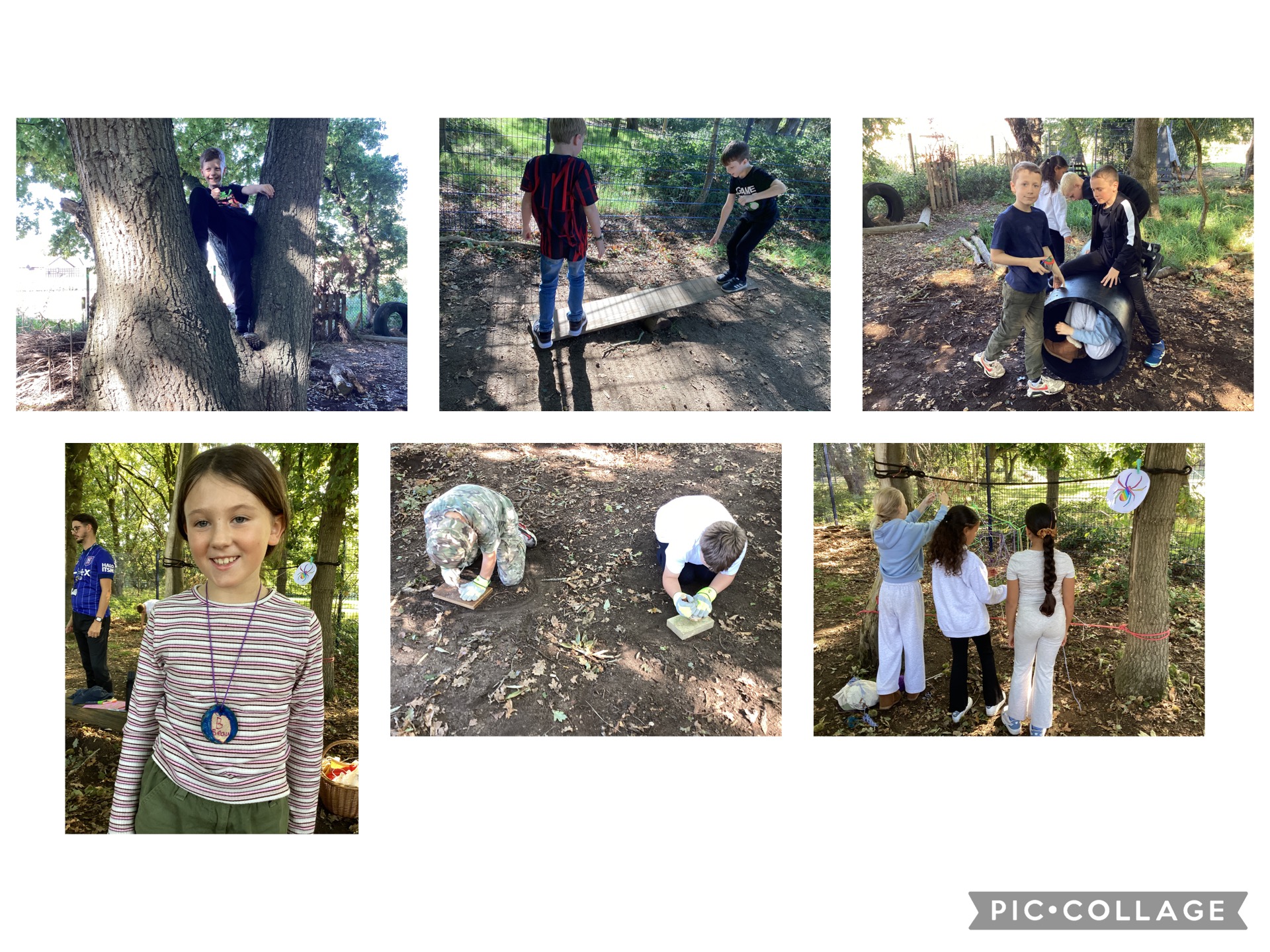RB - enjoyed tool use - making wood cookie necklaces and imaginative play with woodland walking sticks.