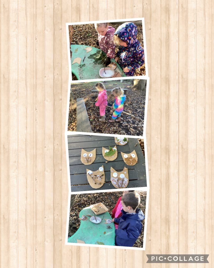 Small Blues enjoyed making mini owls with natural resources. We also made brooms and flew around pretending to be witches