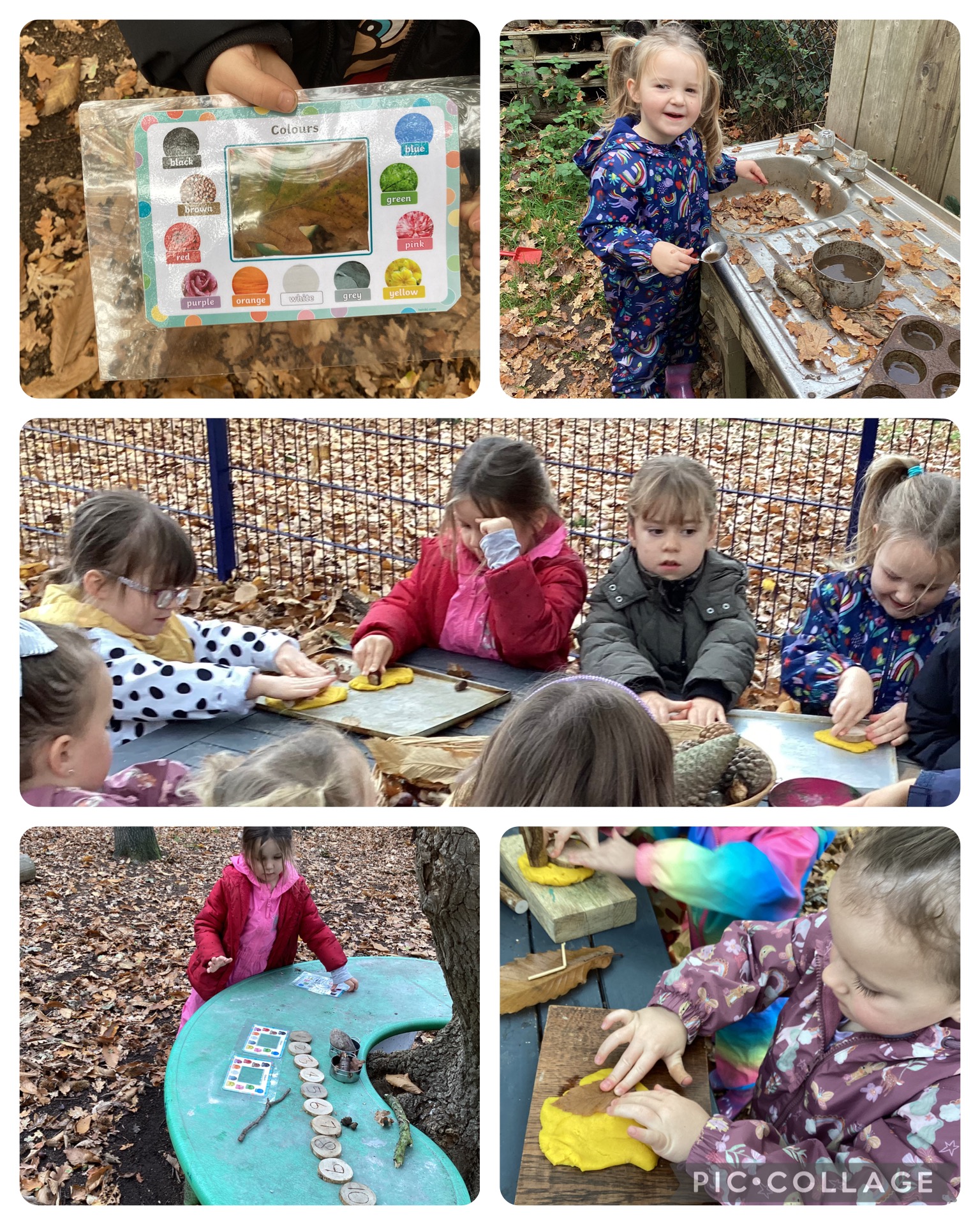 Small Blues enjoyed exploring the colours and textures in nature. We imprinted patterns into playdough using natural objects and had a scavenger hunt to see what colours we could find in nature during autumn in our forest school area.