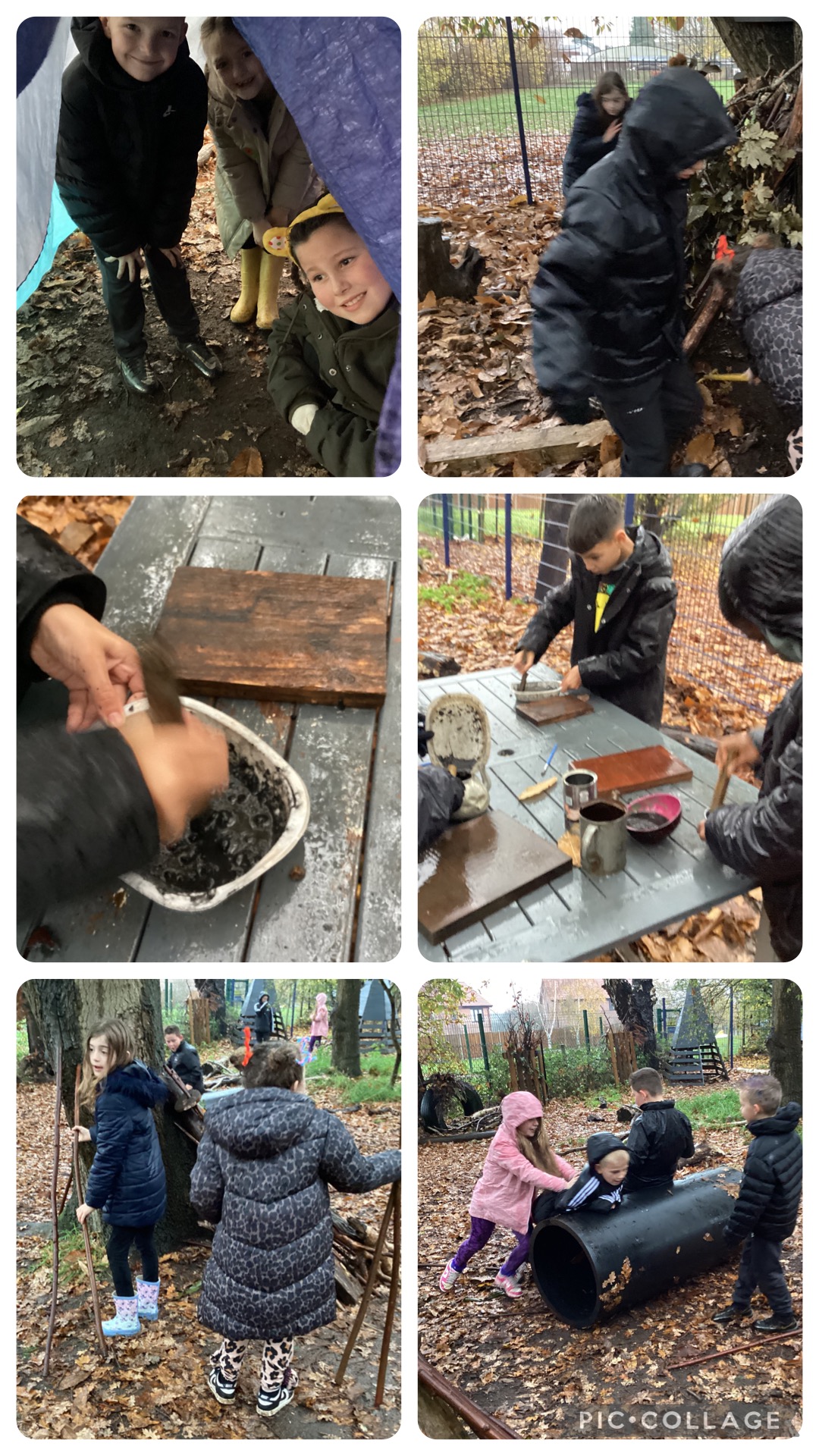 Year 4 enjoyed building shelters and trying to make them waterproof. They also experimented with charcoal and leaves.