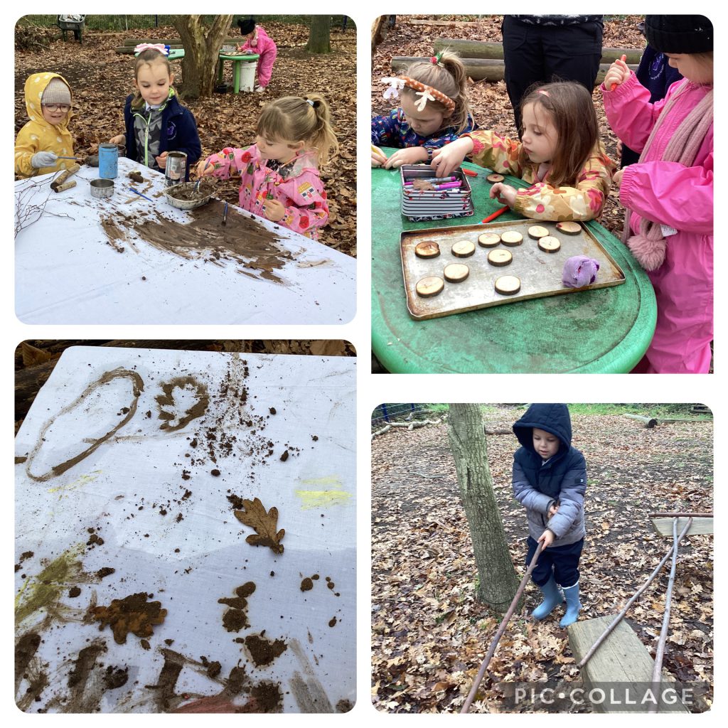 Small Blues enjoyed painting with mud, we played hide and seek and enjoyed making music with sticks