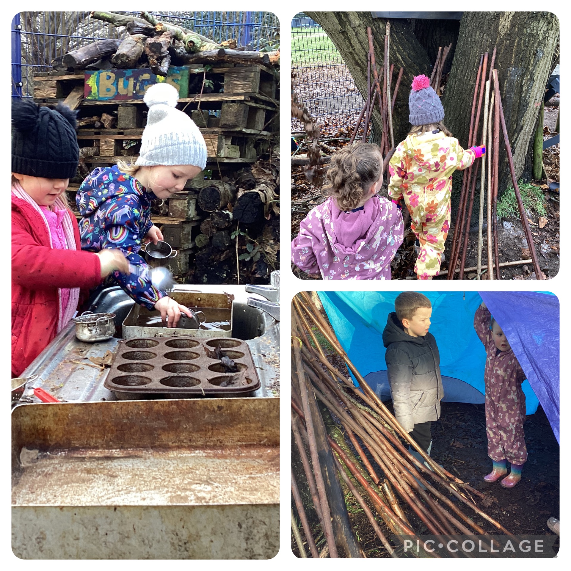 Small Blues enjoyed den building using sticks and tarpaulin, working well together as a team, some cosy shelters were built.