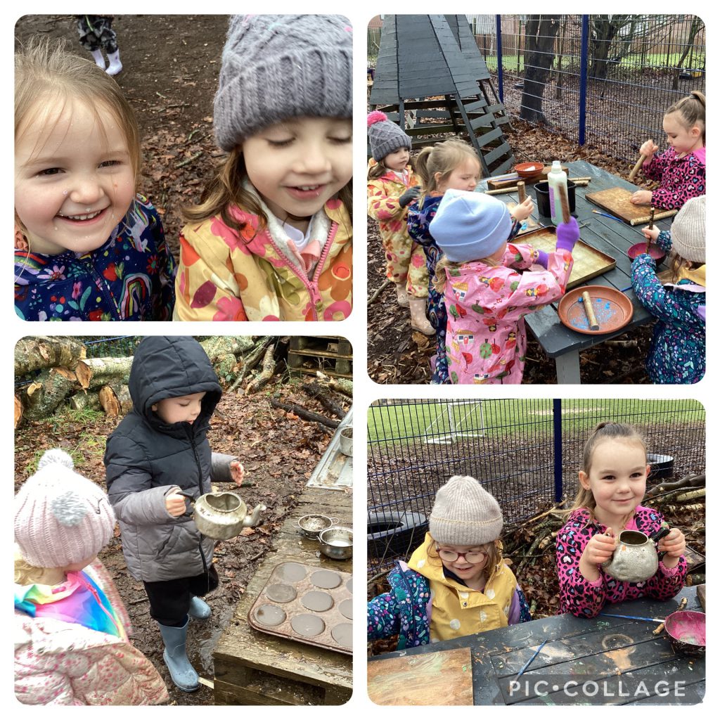 Small Blues enjoyed time in the mud kitchen and making paint with chalk.