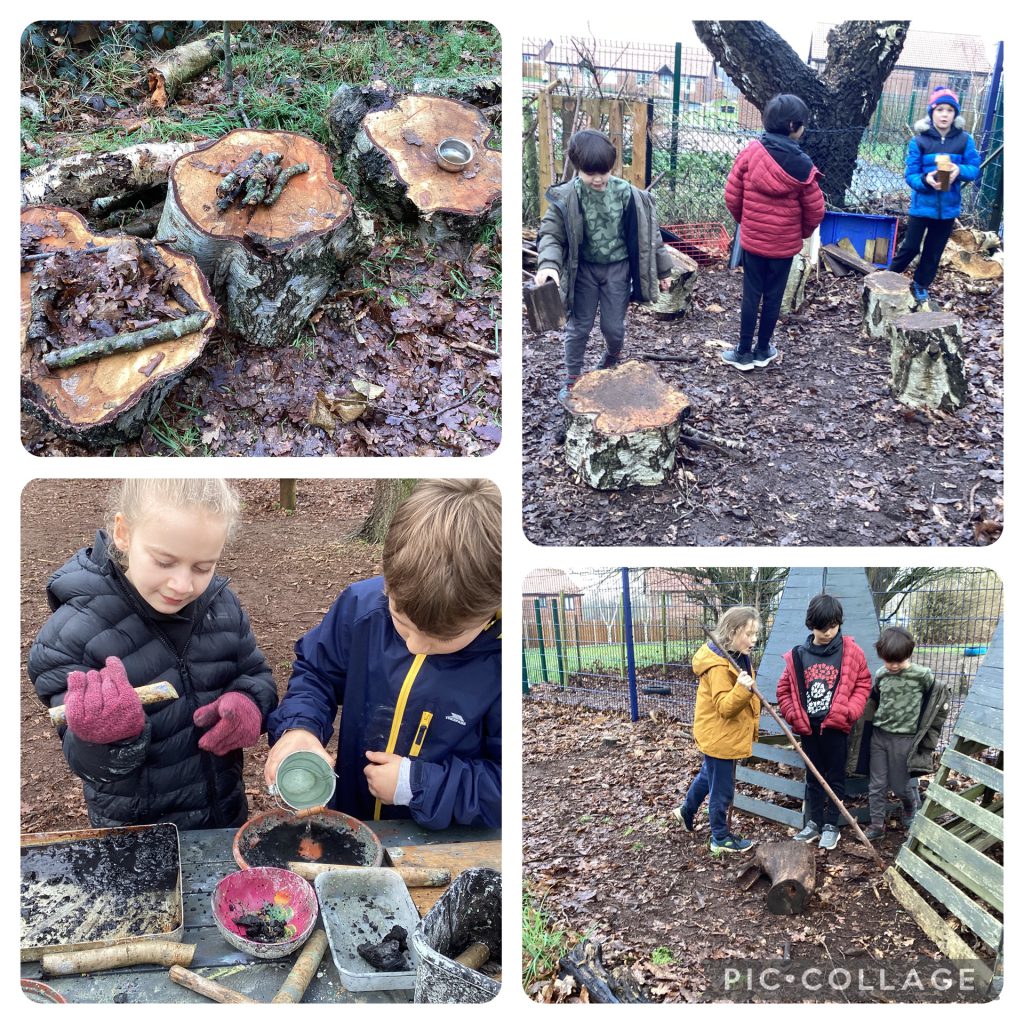 Year 3 enjoyed being creative in our new resource area, playing with walking sticks and creating charcoal paint.