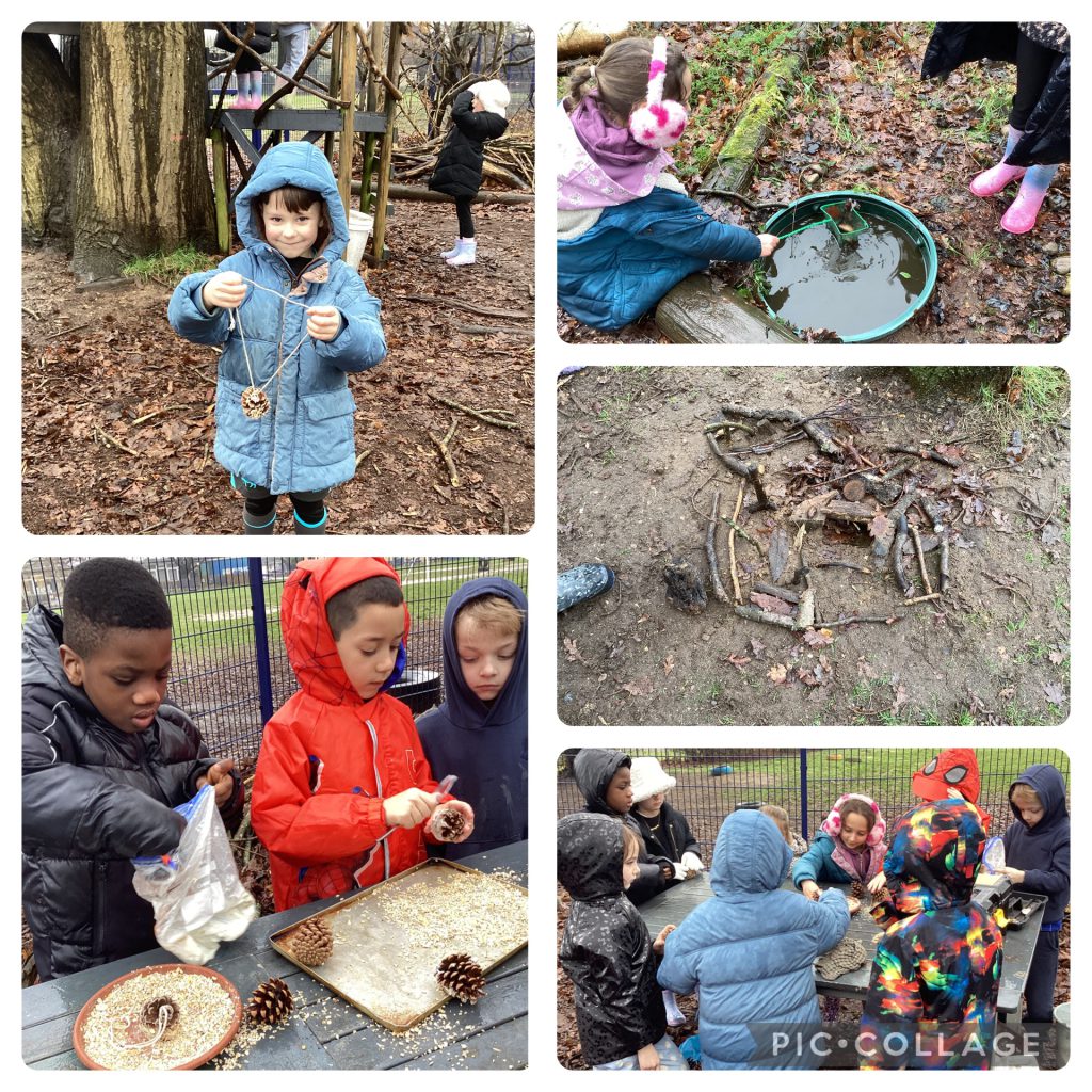 Holly Blues today we made pine cone bird feeders and enjoyed clearing out all the leaves from our mini pond.