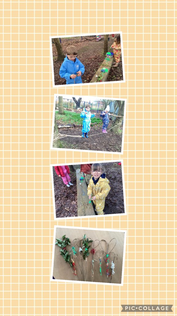 Small Blues enjoyed making hearts with privet cuttings and wool. Lots of the group enjoyed time on the seesaw and in the mud kitchen.