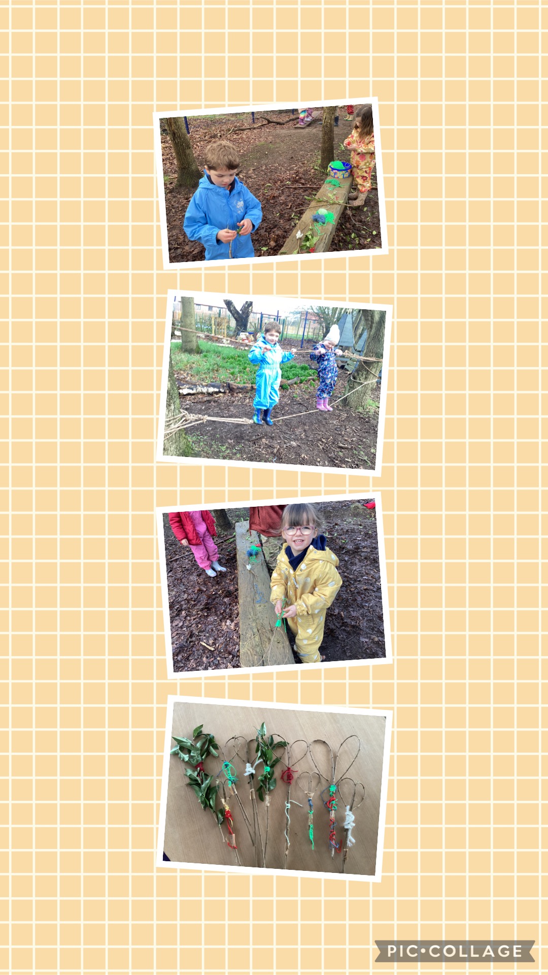 Small Blues enjoyed making hearts with privet cuttings and wool. Lots of the group enjoyed time on the seesaw and in the mud kitchen.