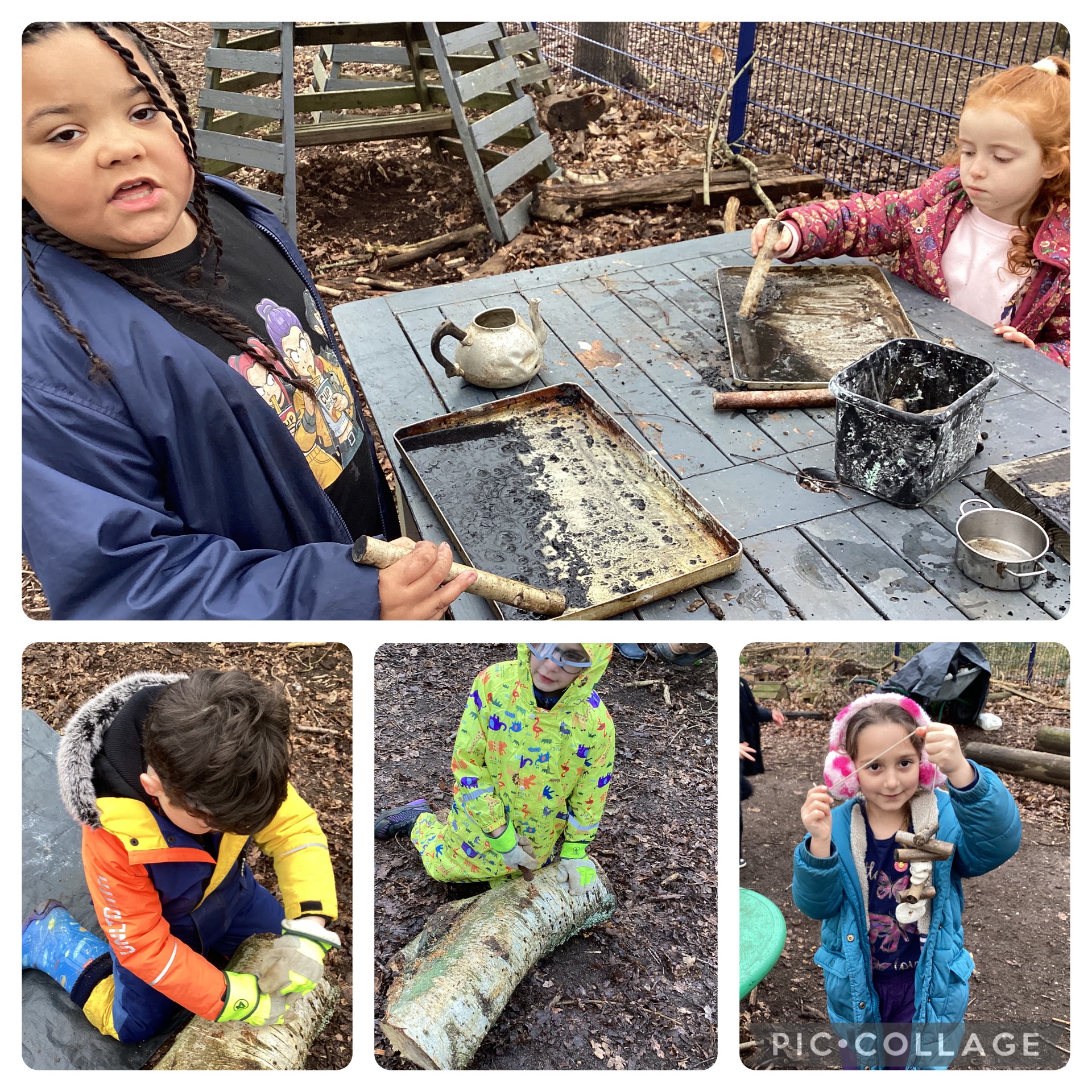 HB 27.2.26 - Today we were learning about solitary bees, we used palm drills to start working on a bee log. We enjoyed being creative with charcoal paint and mud.