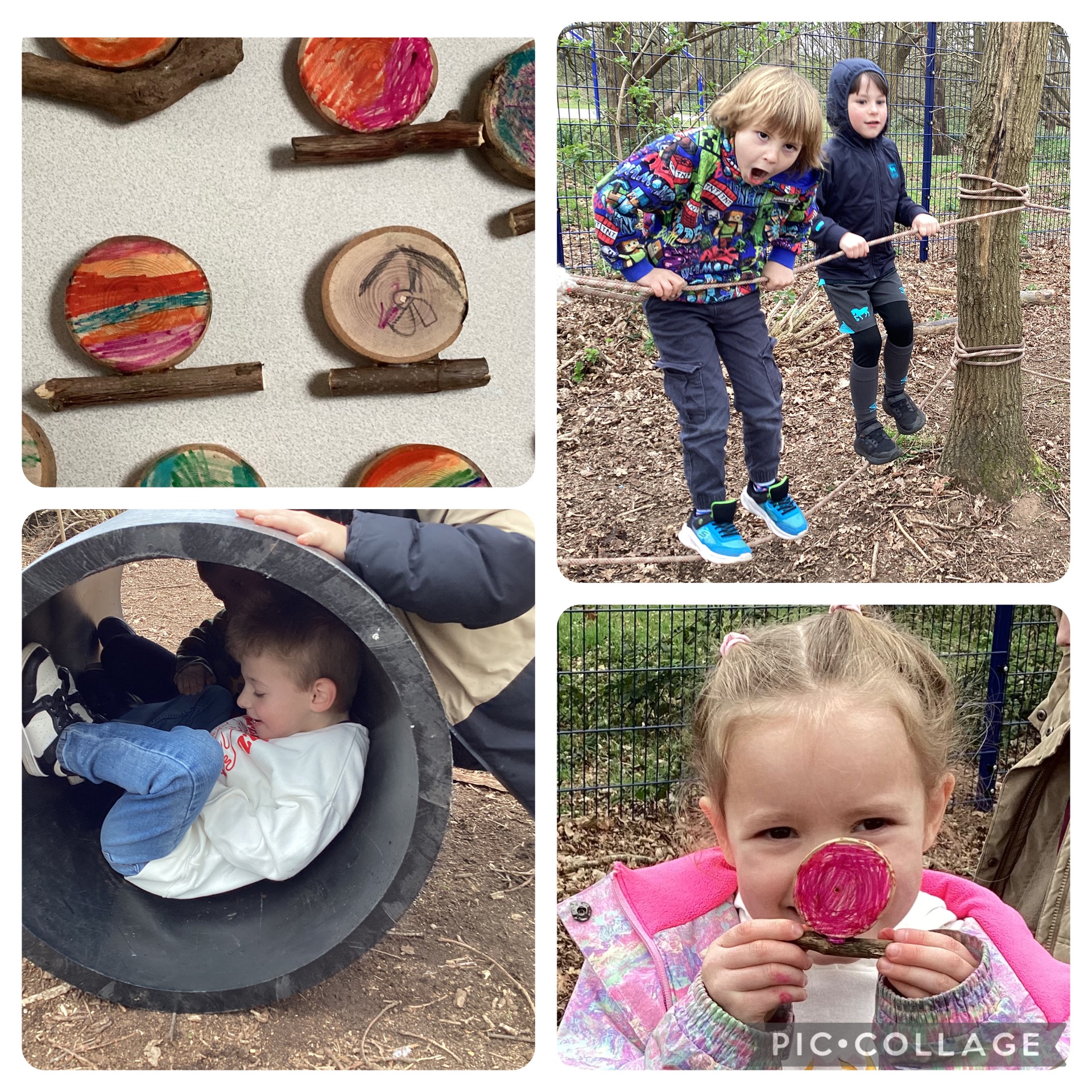 Holly Blues enjoyed balancing on the rope lines. We learnt about snails and decorated wooden snails.