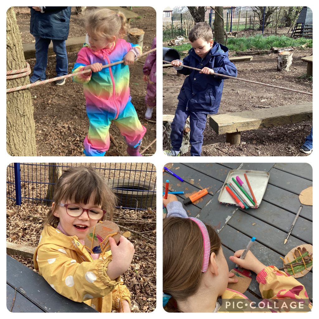 Small Blues enjoyed making Easter egg art, weaving, colouring and using natural resources.