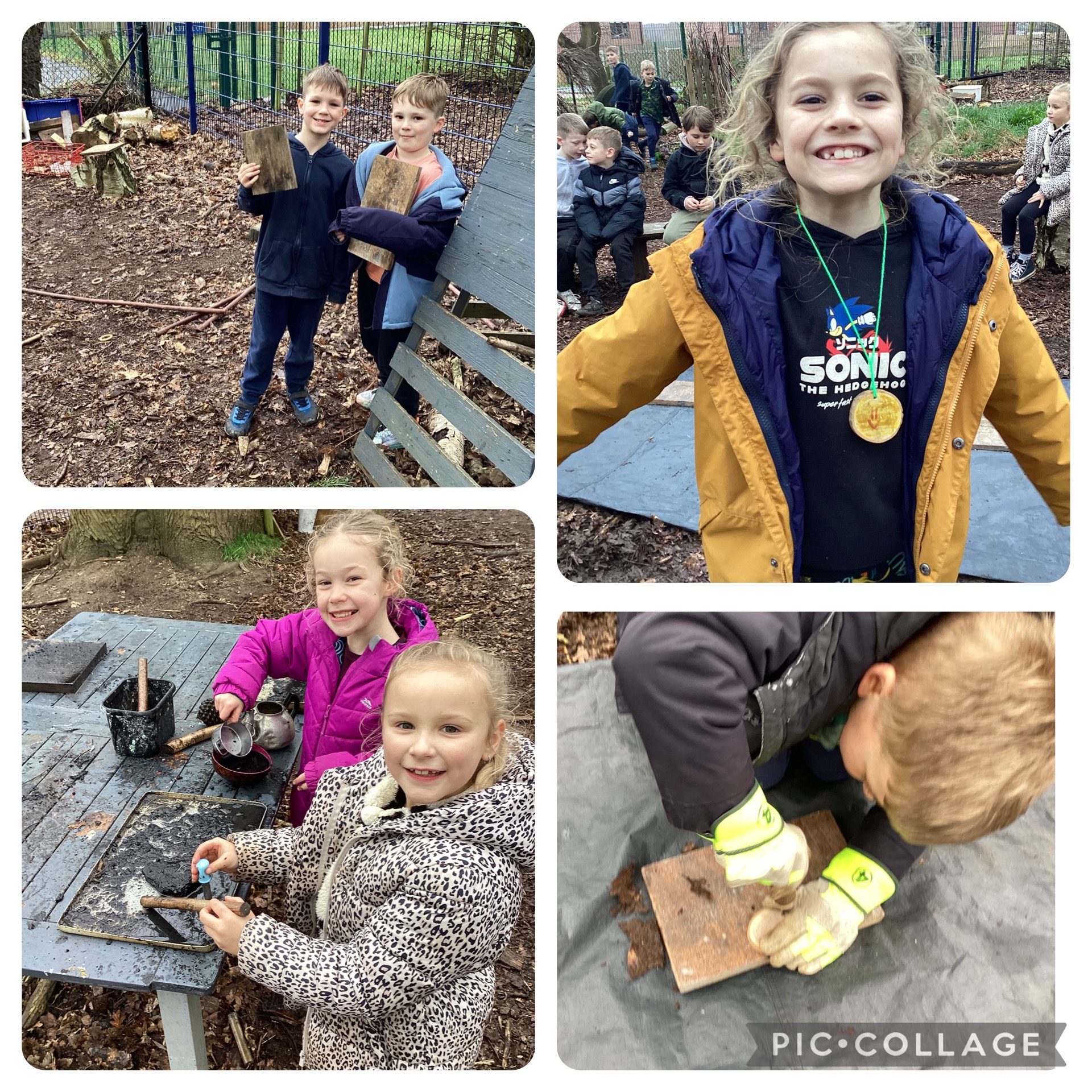 Yr 3 27.2.26 Today some of the group made wooden disk necklaces, they showed great perseverance with palm drill and there was lot of creative play with natural resources in the resource zone.