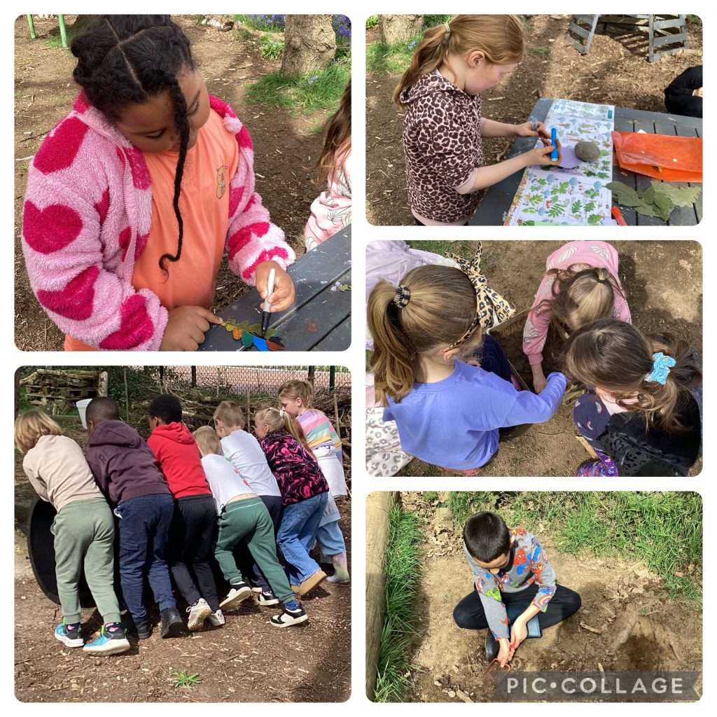 Holly Blues enjoyed rolling around in the tunnel, bug hunting and leaf art.  The children were keen to have lot of time for games today and we played eagle eye, team nest building and hide and seek.