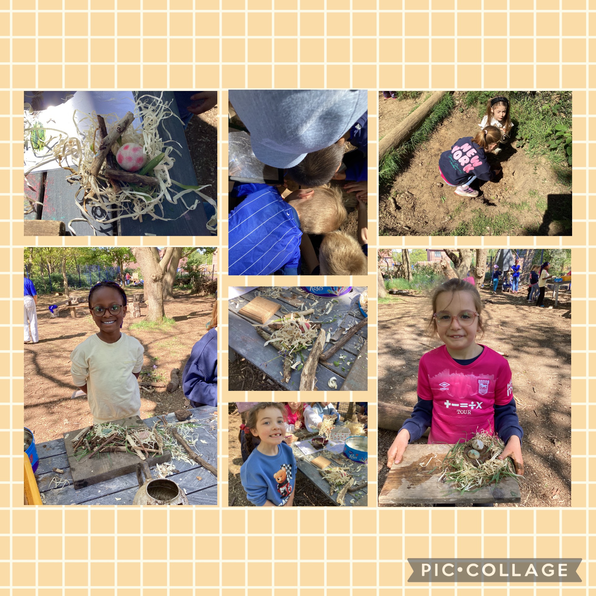 HB enjoyed making bird nests with natural materials and listening to the birds - we now have great tit chicks in two of our forest school nest boxes.