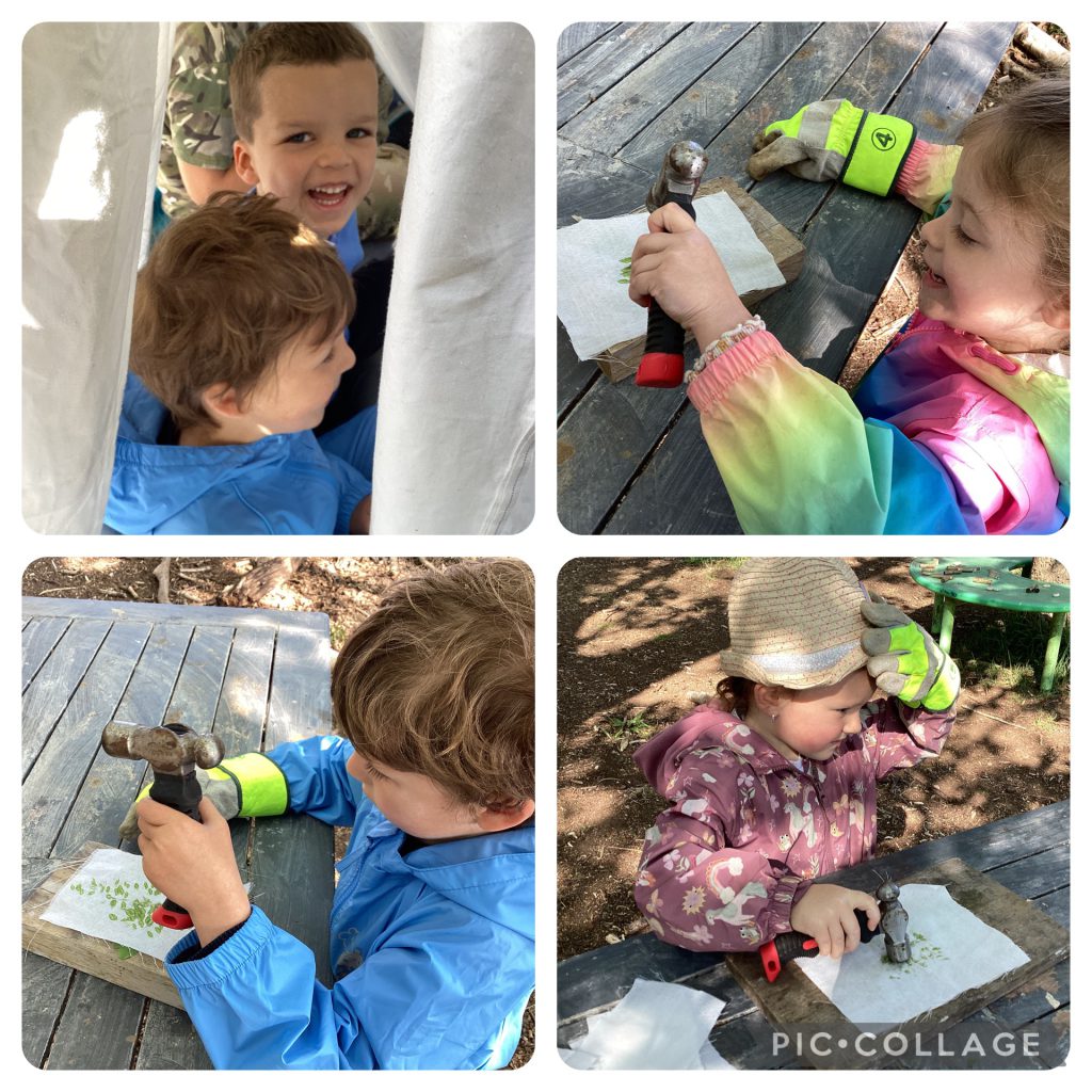 Small Blues enjoyed experimenting with leaves, making hapa zome leaf prints on fabric. There was lots of fun to be had in the mud kitchen and hiding in our shelter.