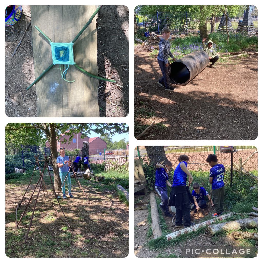 Year 6 enjoyed practising knots and tying skills through den‑frame building and crafts. They also loved getting muddy, digging in the mud kitchen, and playing with water.