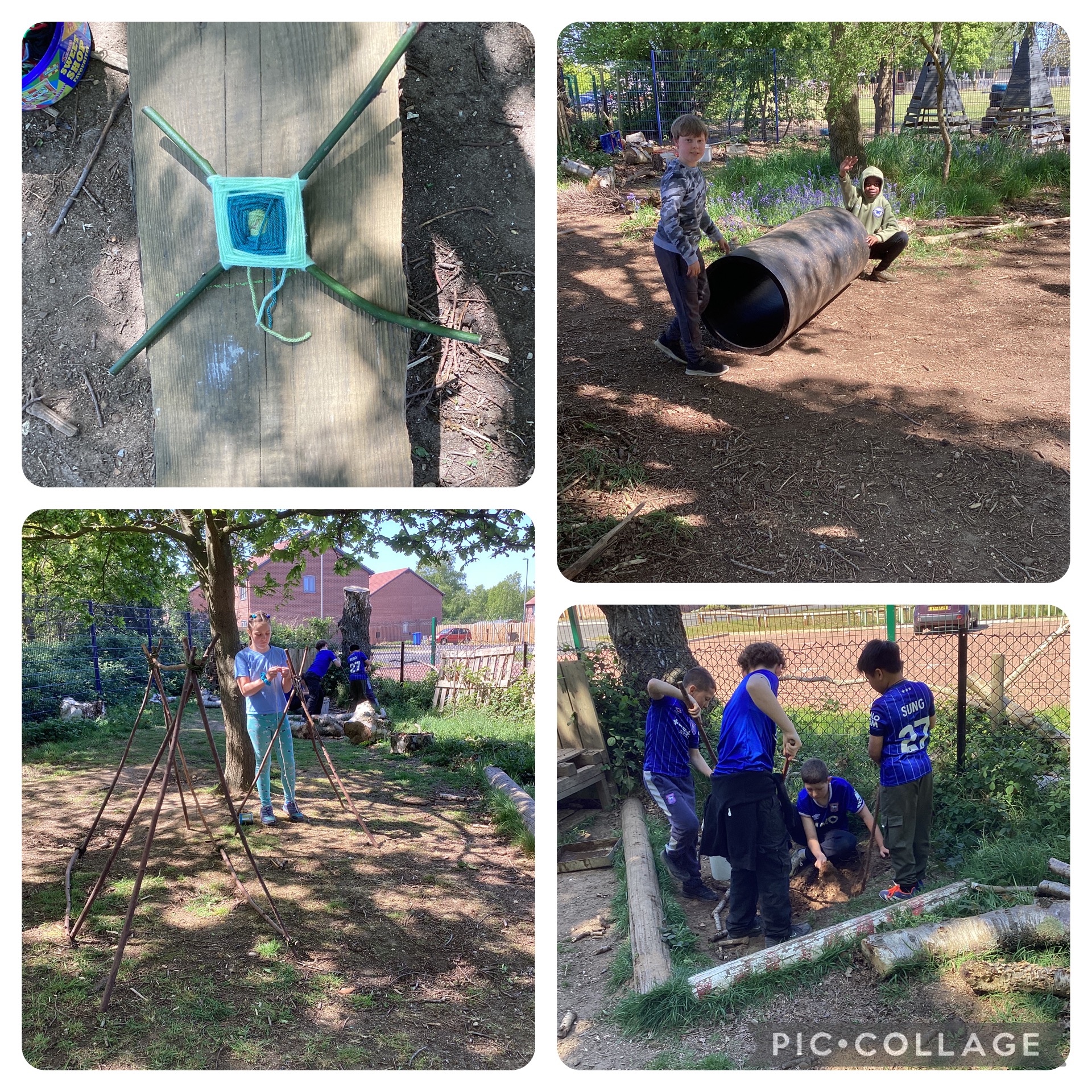 Year 6 enjoyed practising knots and tying skills through den‑frame building and crafts. They also loved getting muddy, digging in the mud kitchen, and playing with water.