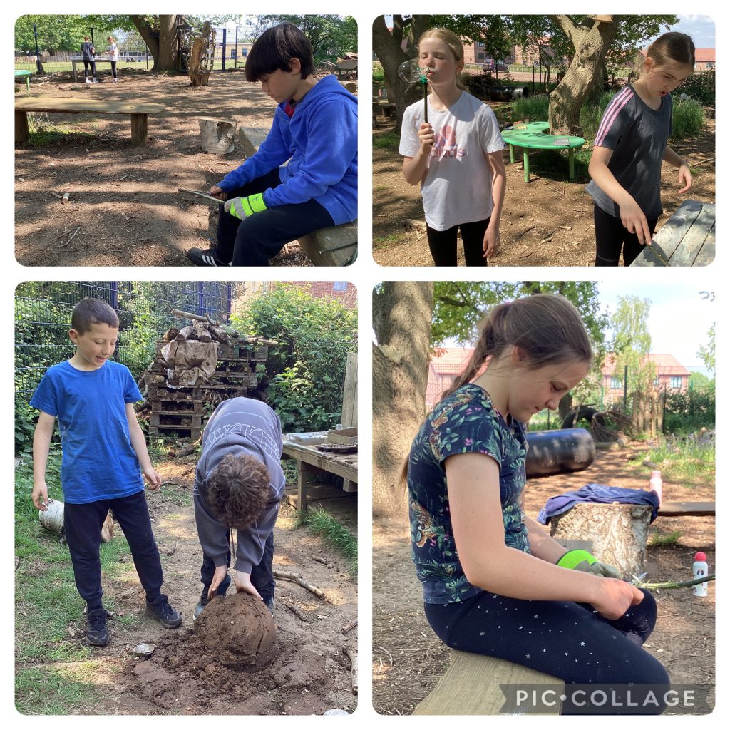 Yr 6 enjoyed whittling and making bubble wands. There was some impressive balancing on the large tunnel, as well as a giant mud cake.